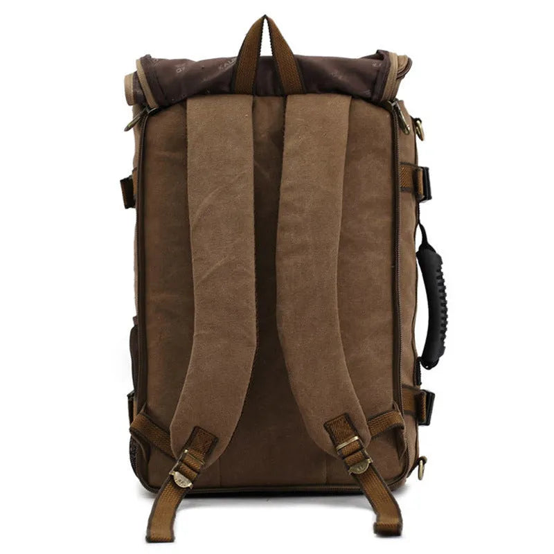 Canvas backpack with square vertical section and side pocket in khaki