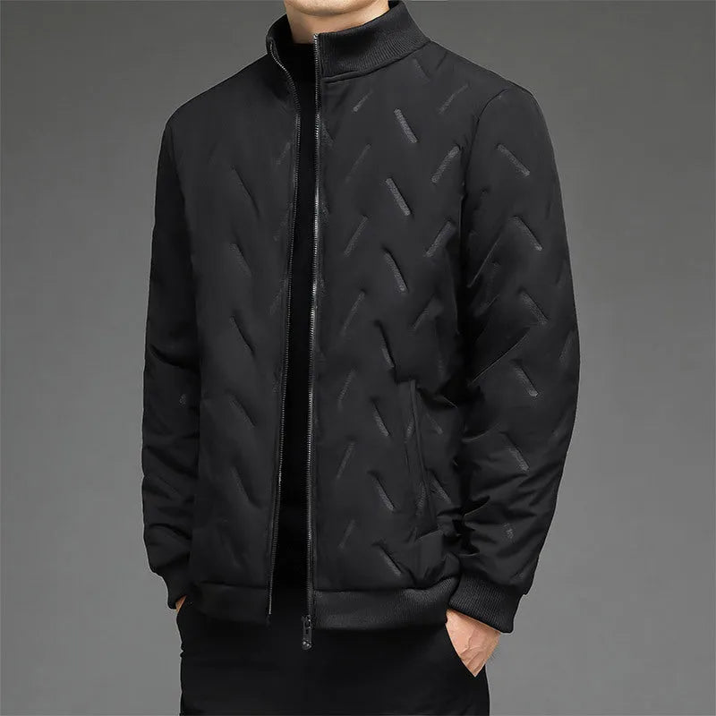 Men's fleece-lined stand collar cotton-padded winter coat in khaki, thickened polyester, 50cm length