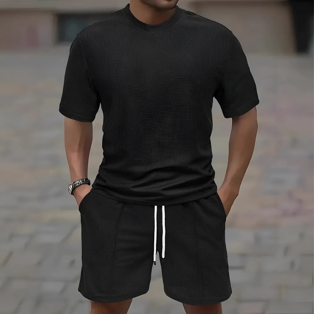 Men's waffle texture polyester summer set showing short sleeve blouse and matching shorts