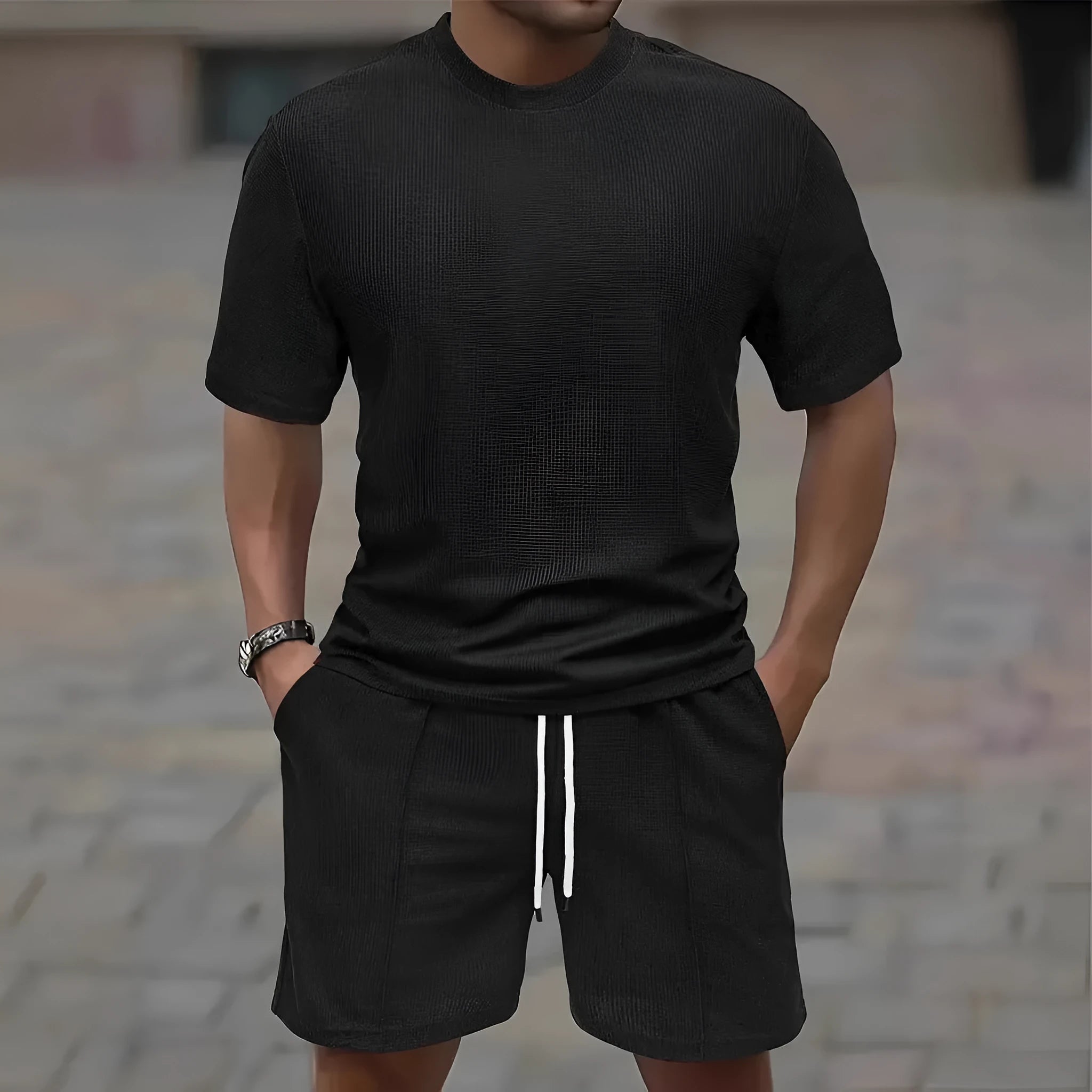 Men's waffle texture polyester summer set showing short sleeve blouse and matching shorts