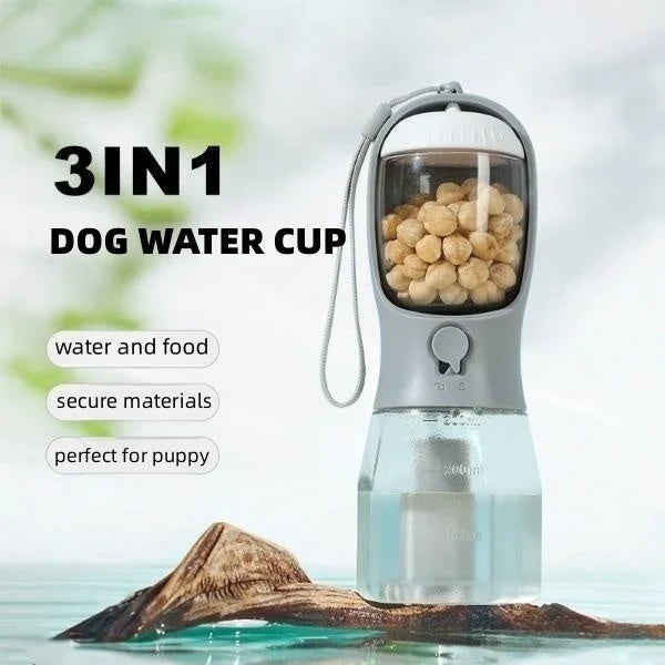 Versatile 3-in-1 pet water bottle with built-in water dispenser, food container, and waste bag compartment for active pet owners