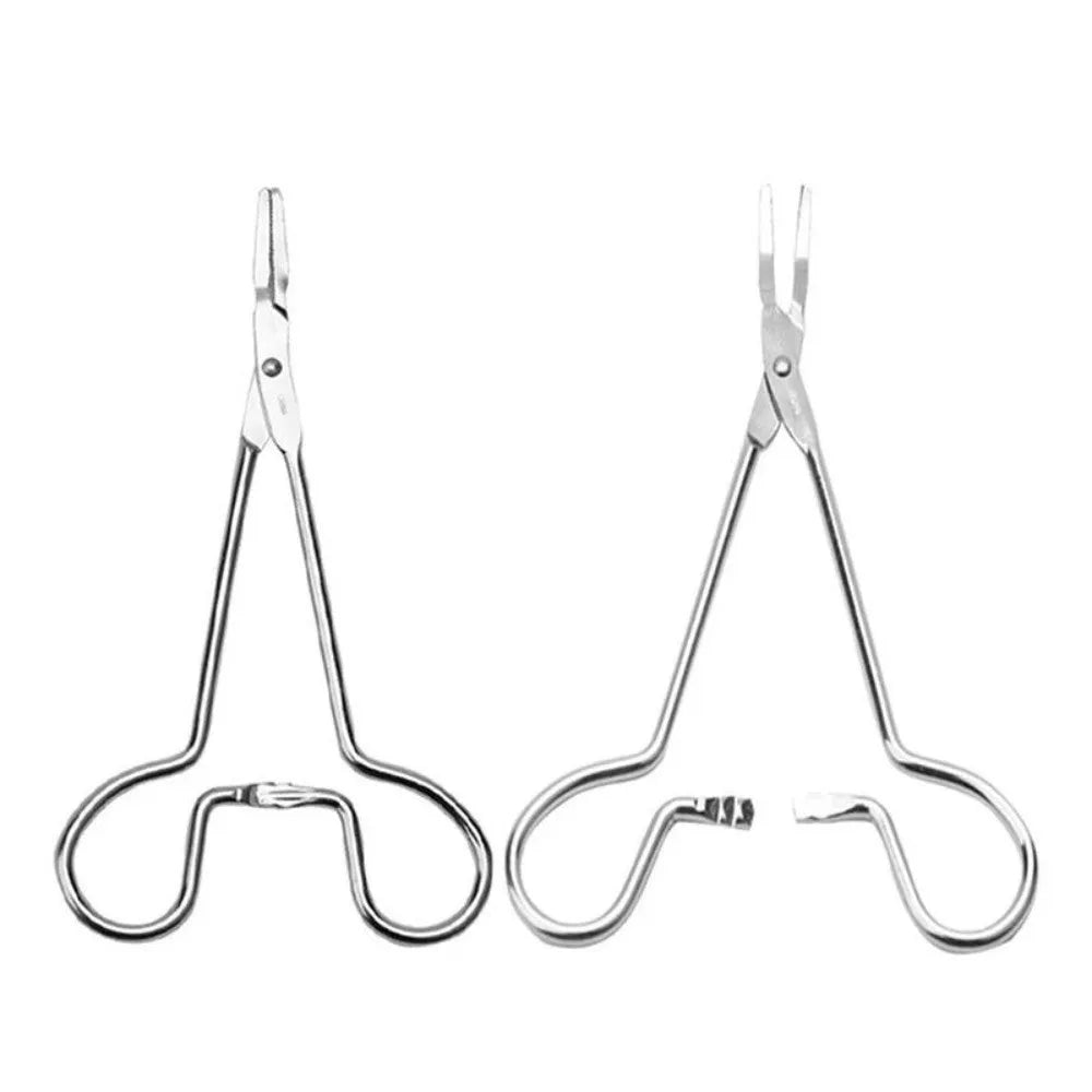 Silver stainless steel pet ear cleaning tweezers with curved tip and ergonomic handle