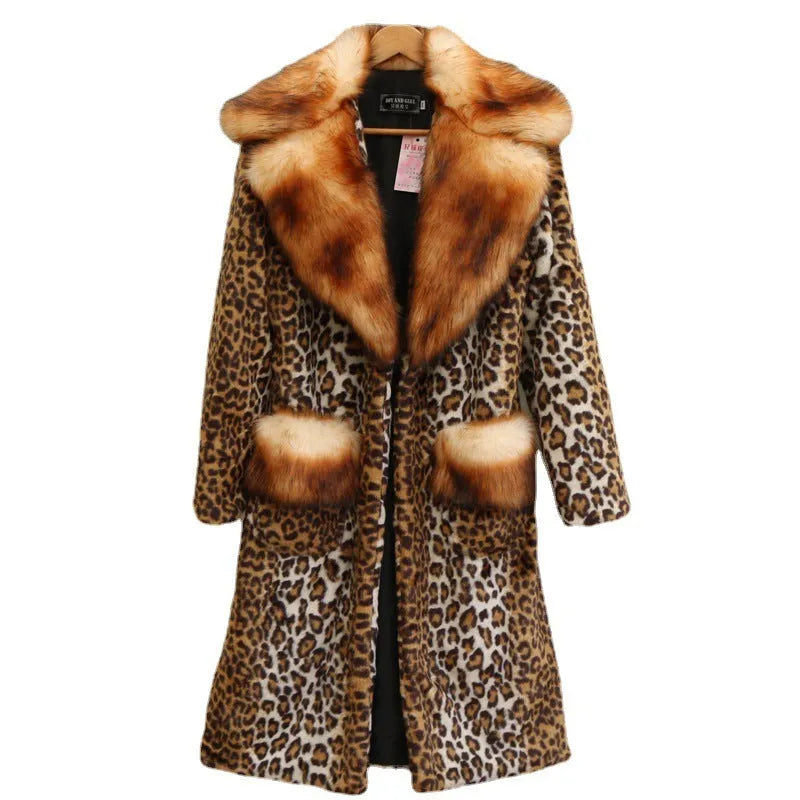 Women's long leopard print artificial fur jacket with regular sleeves for street fashion wear