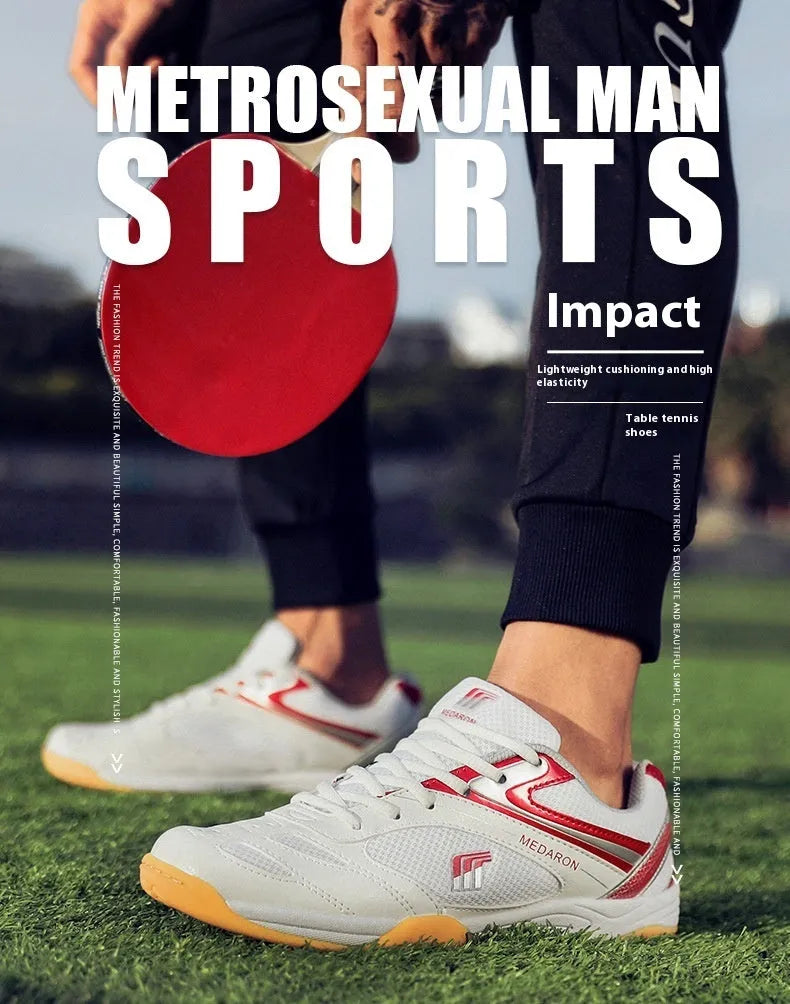 White and blue table tennis sneakers with lace-up front, round toe, and rubber sole.