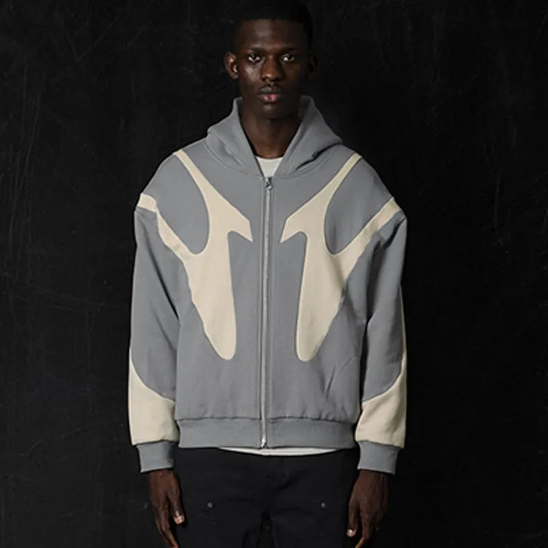 Geometric pattern stitching hooded cardigan zipper sweater in polyester black