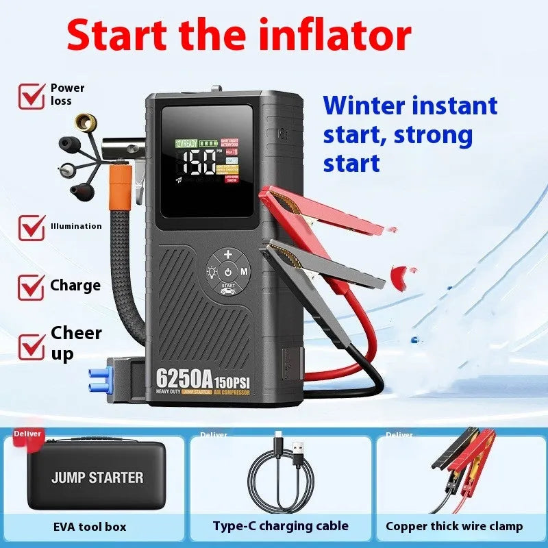 Black intelligent digital display car jump starter with air compressor, 6250A 18000mAh, with clamps and EVA toolbox