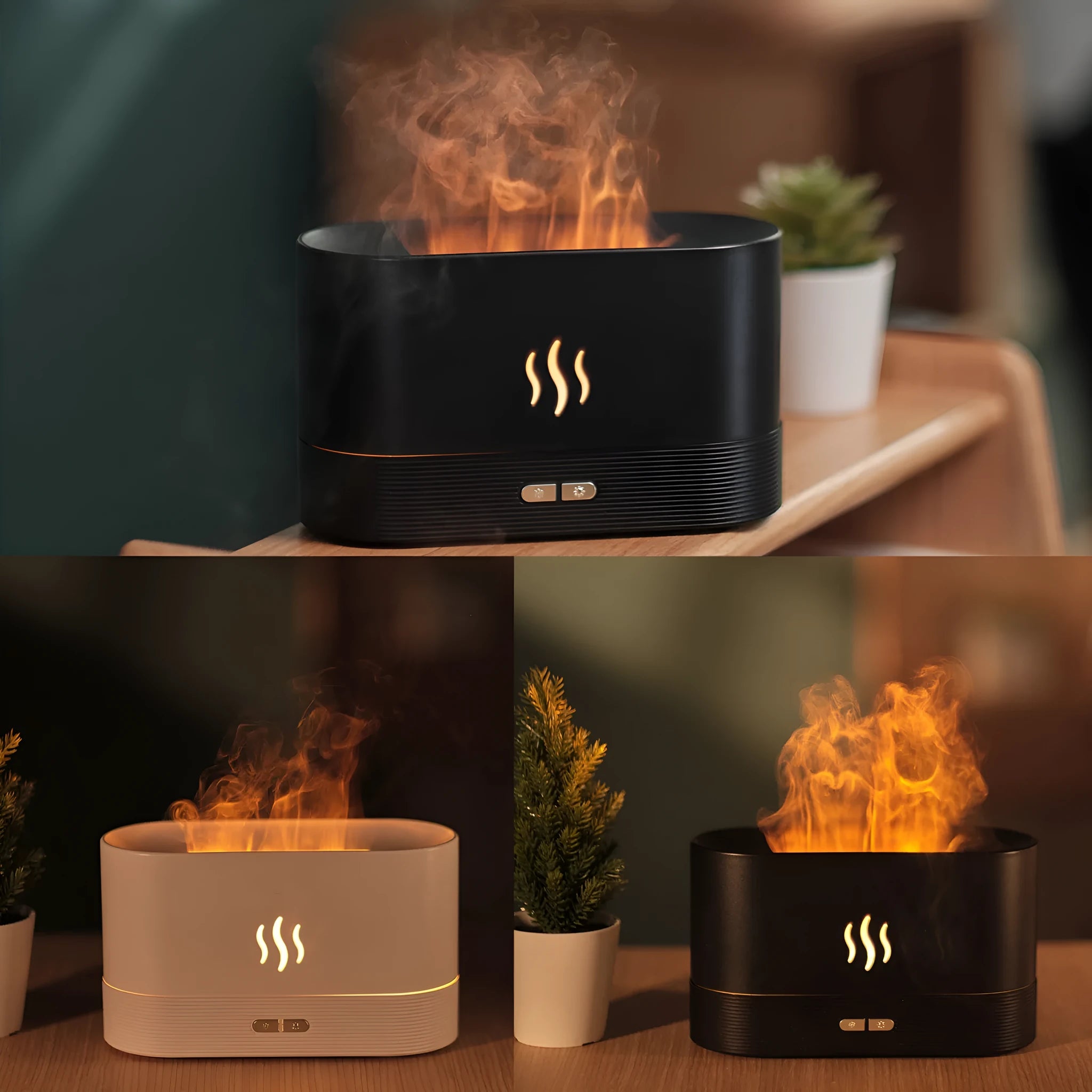 Black square ultrasonic aroma diffuser with flame effect LED light and mist output