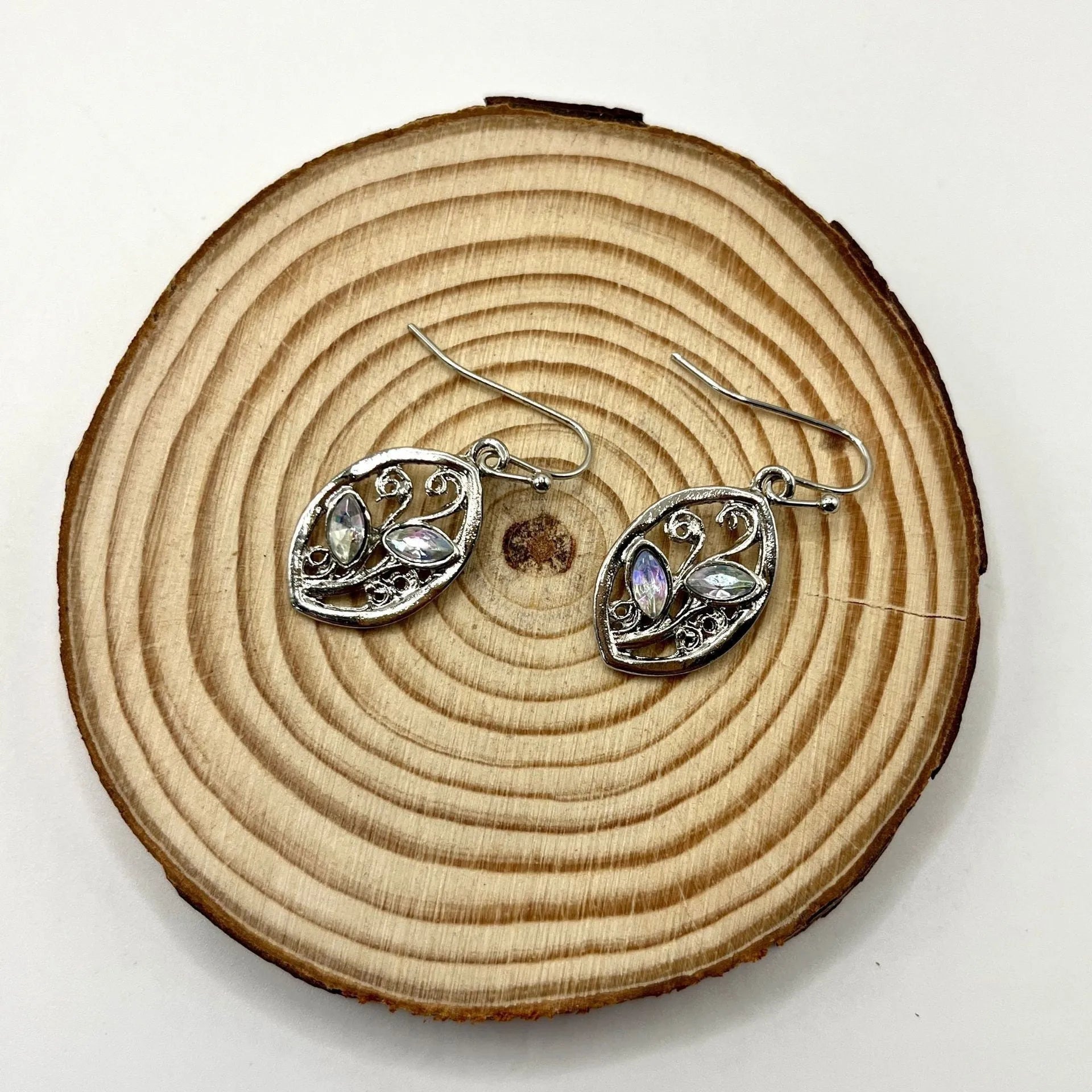 Silver alloy leaf-shaped earrings with embedded colourful moonstones for women
