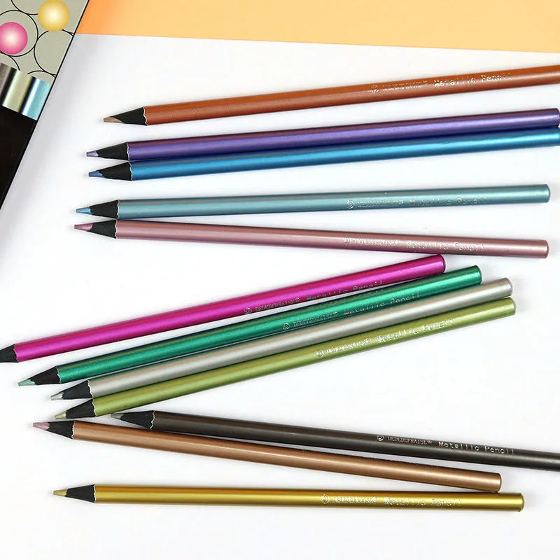 12-color metallic coloured pencils in a box with wood casing and 2B lead core