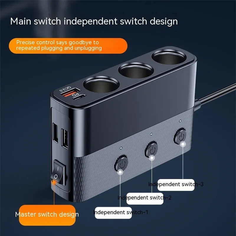 C28 Black vehicle cigarette lighter power adapter with USB and PD ports, 1 metre cable