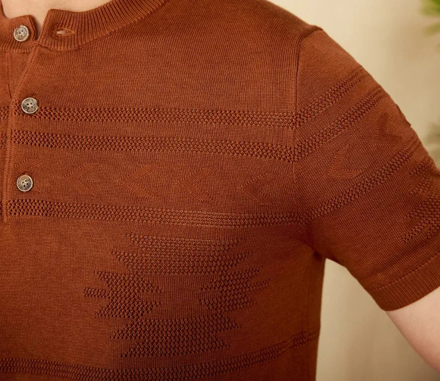 Knitted Henley shirt American retro slim-fit short sleeve in denim blue, cotton Lyocell blend