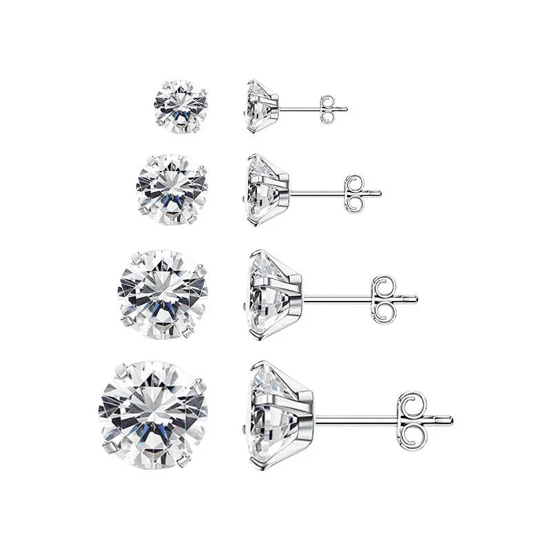 Stainless steel square geometric stud earrings with round zircon stones in gold and steel colour, sizes 2mm to 8mm.