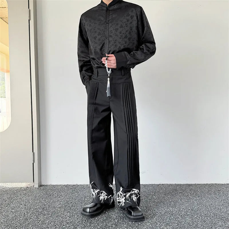 Black pleated wide leg trousers with straight cut, medium elastic waist and fold craft, sizes M L XL