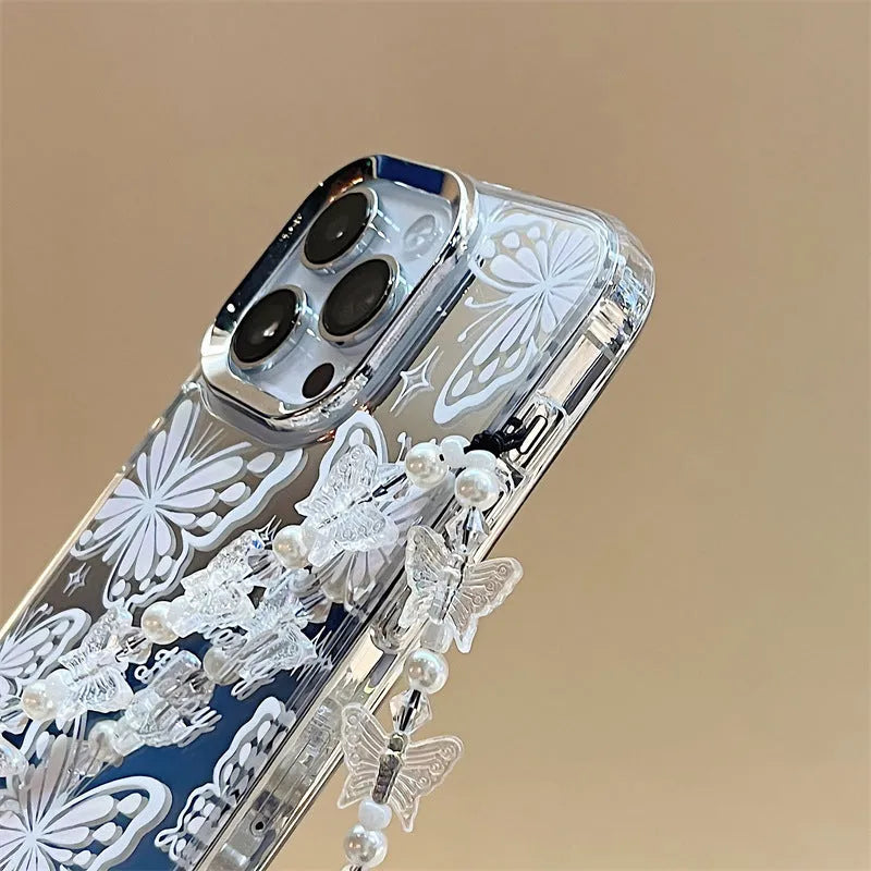 Transparent three-in-one mirror iPhone case with detachable bow bracelet for iPhone 15 Pro Max