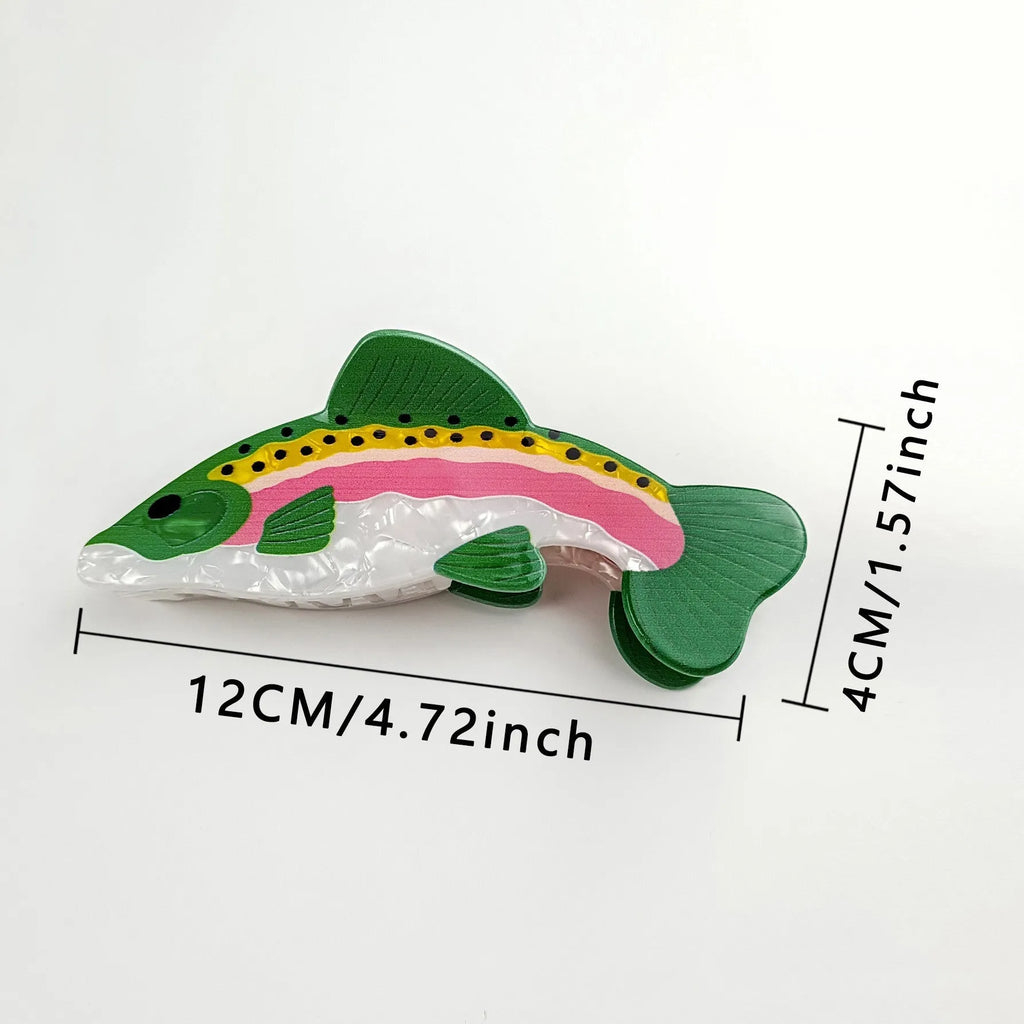 Dark green PVC hair clip with a printed design of a rainbow trout and a carp.