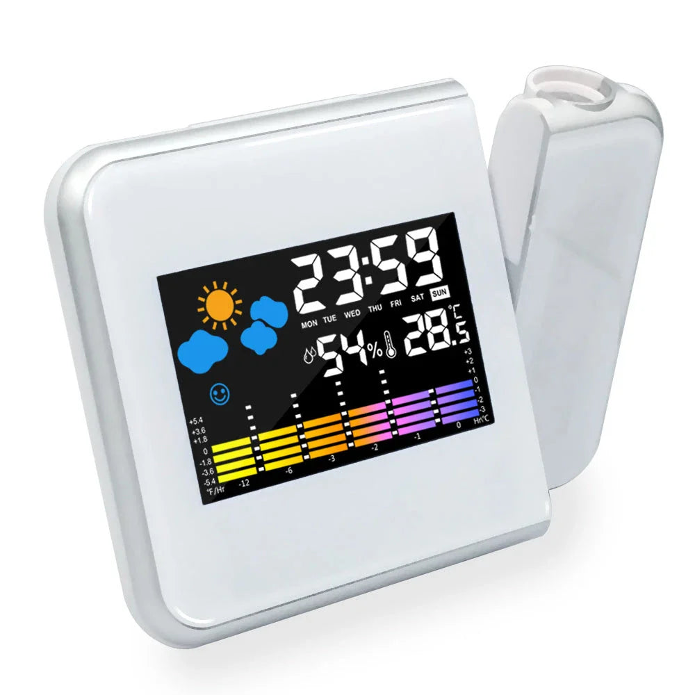 Digital alarm clock with projection, temperature, and humidity display for easy viewing