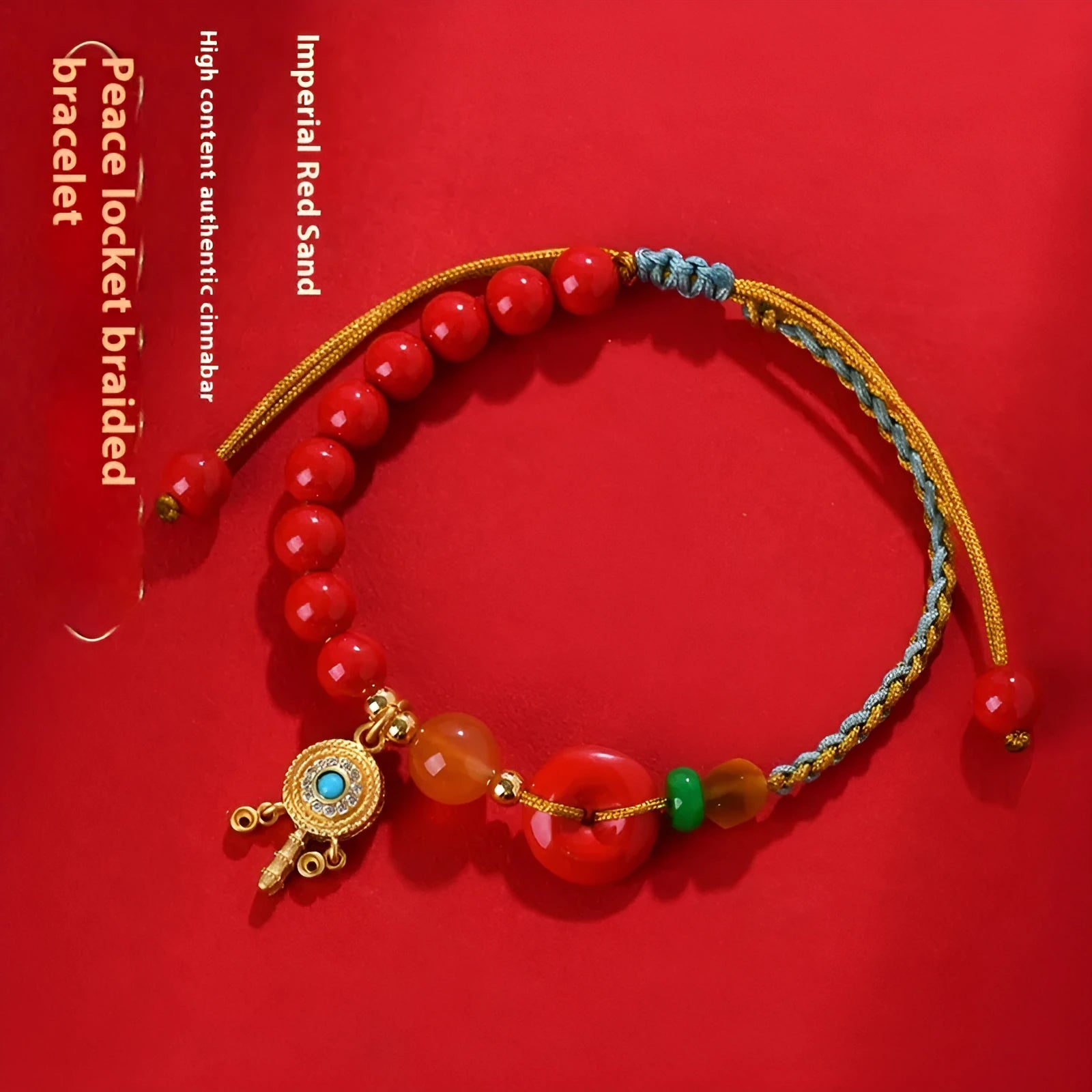 Hand-woven cinnabar peace blessing bracelet in emperor red sand colour with geometric national style design