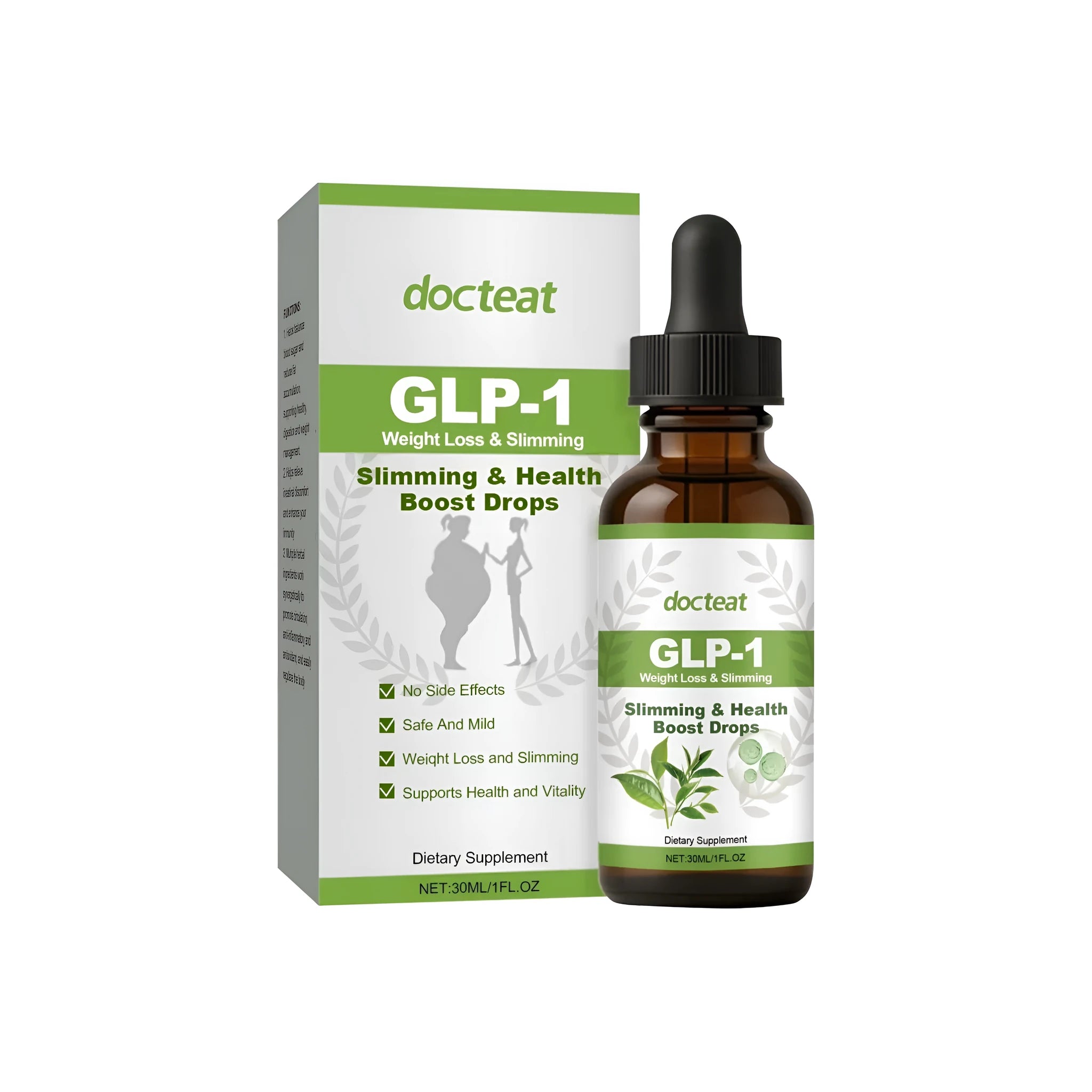 30ml bottle of moringa and green tea dietary supplement droplets