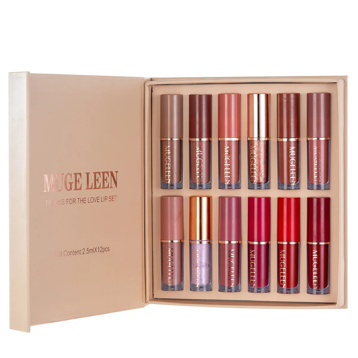 12-piece matte shimmer lip glaze set in nonstick cup colours with durable anti-fade formula