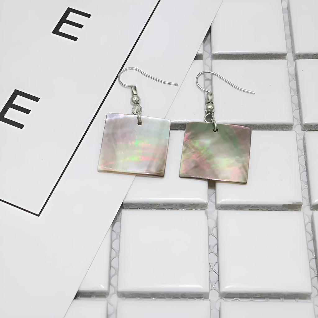 Natural shell geometric earrings in square panther and rectangular shell designs