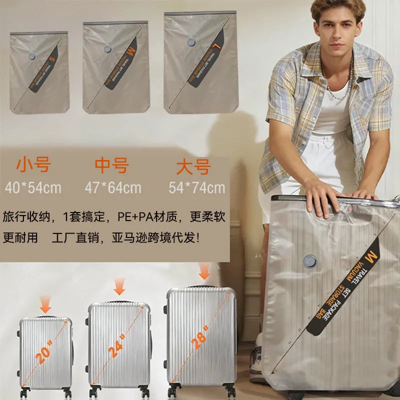 Vacuum compression bag set with PA PE material in three sizes and a white electric suction pump on a suitcase
