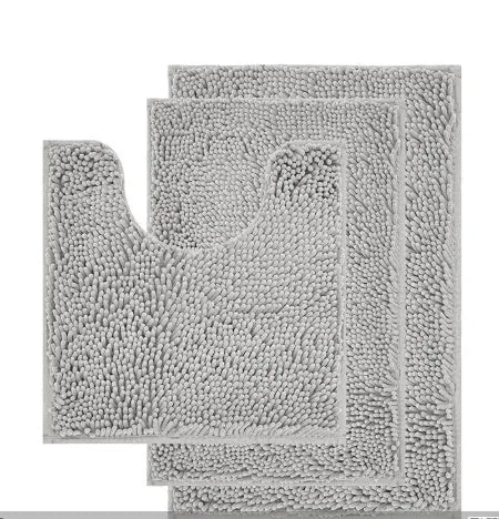 Chenille three-piece bathroom carpet set with U-shaped toilet mat and two rectangular mats in modern simplicity design