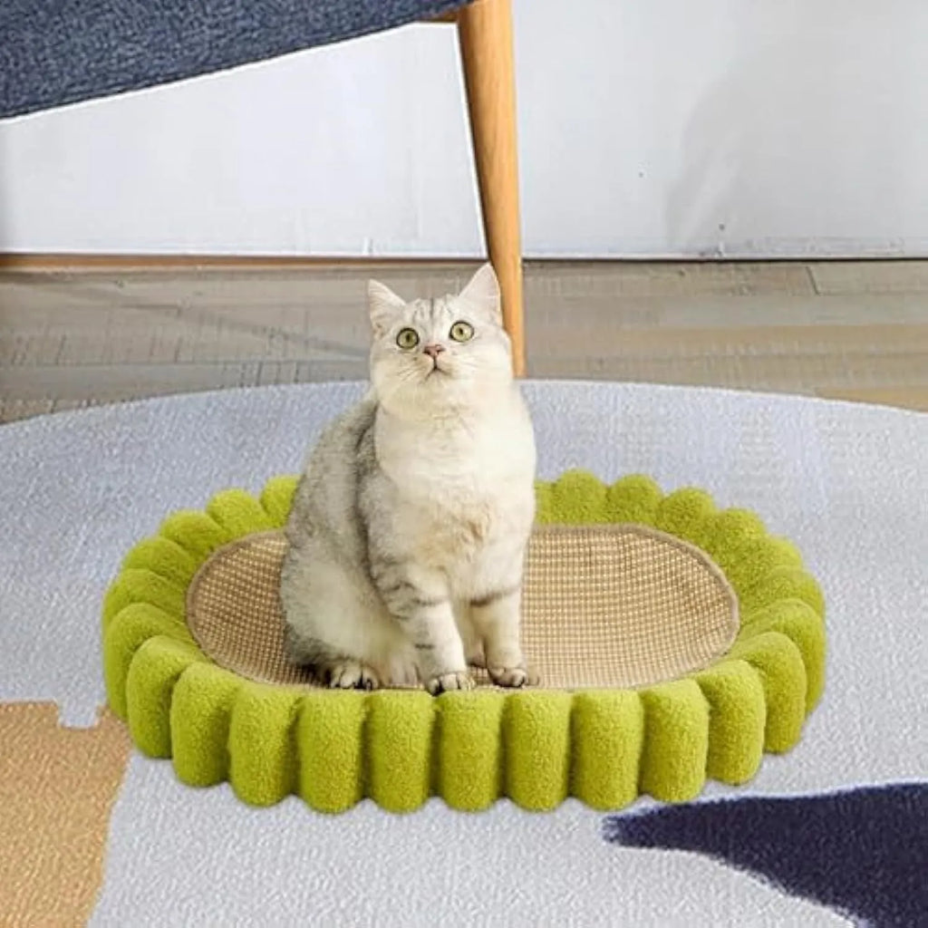 Green oval cat scratcher pad with sisal surface serving as scratching area and cat bed