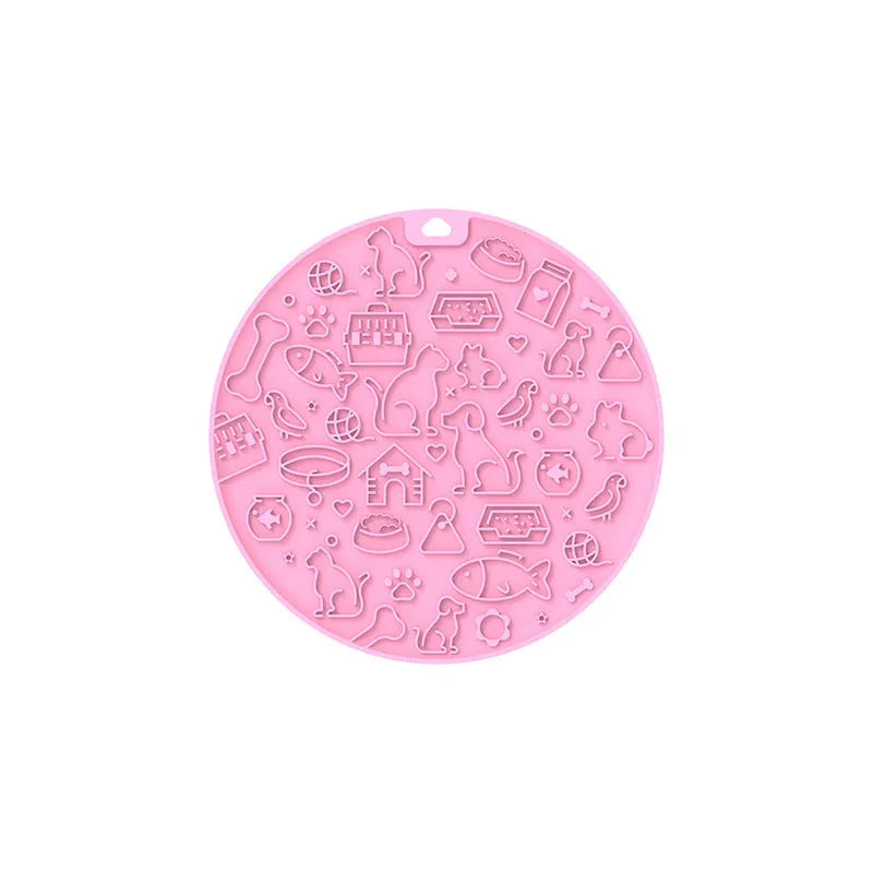 Round silicone pet licking mat with suction cup base in blue colour variant