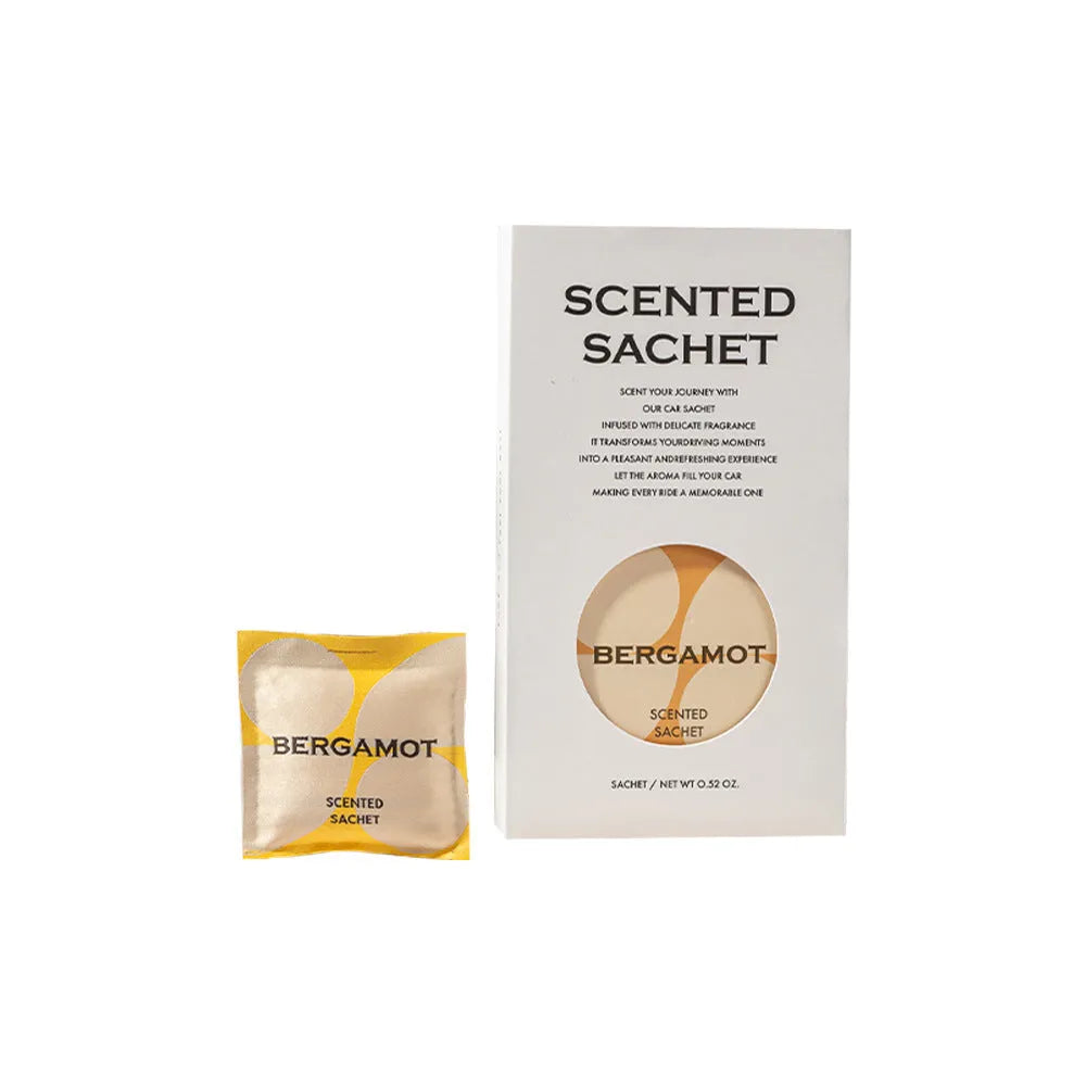 Car vent sachet air freshener with air outlet clip, ribbon and five aroma types, sachet 7 x 7cm