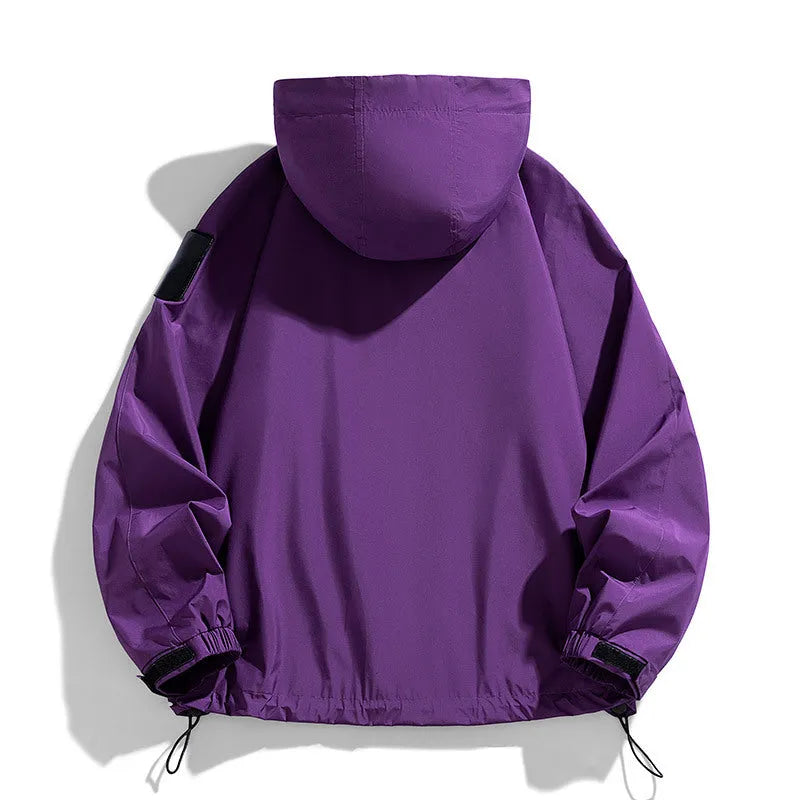 Men's black waterproof windproof hooded jacket on a hanger, showing long sleeves and front zip.