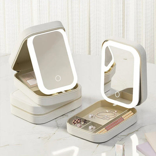 Portable LED-lit makeup mirror with adjustable lighting, smart touch controls, and integrated storage compartment