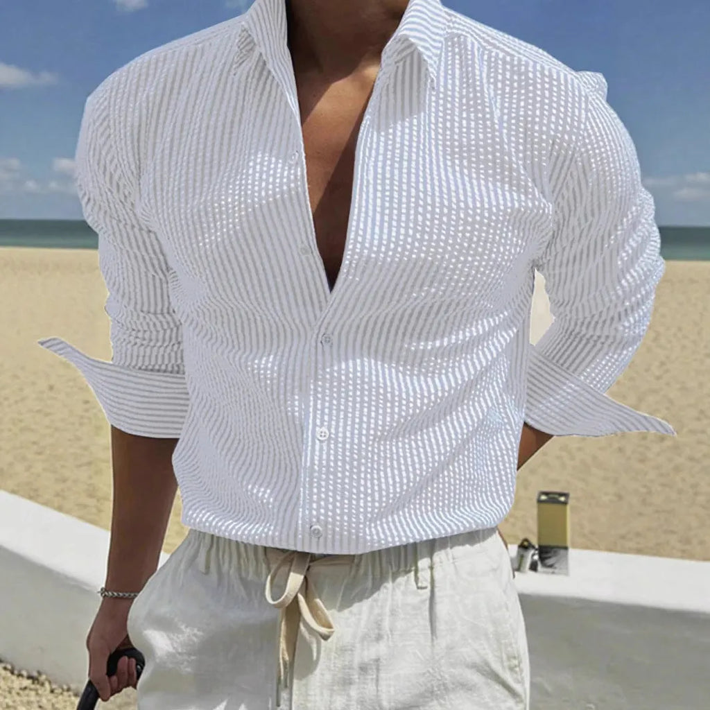 Men's striped shirt with cardigan lapel collar in multiple colour options showing front view