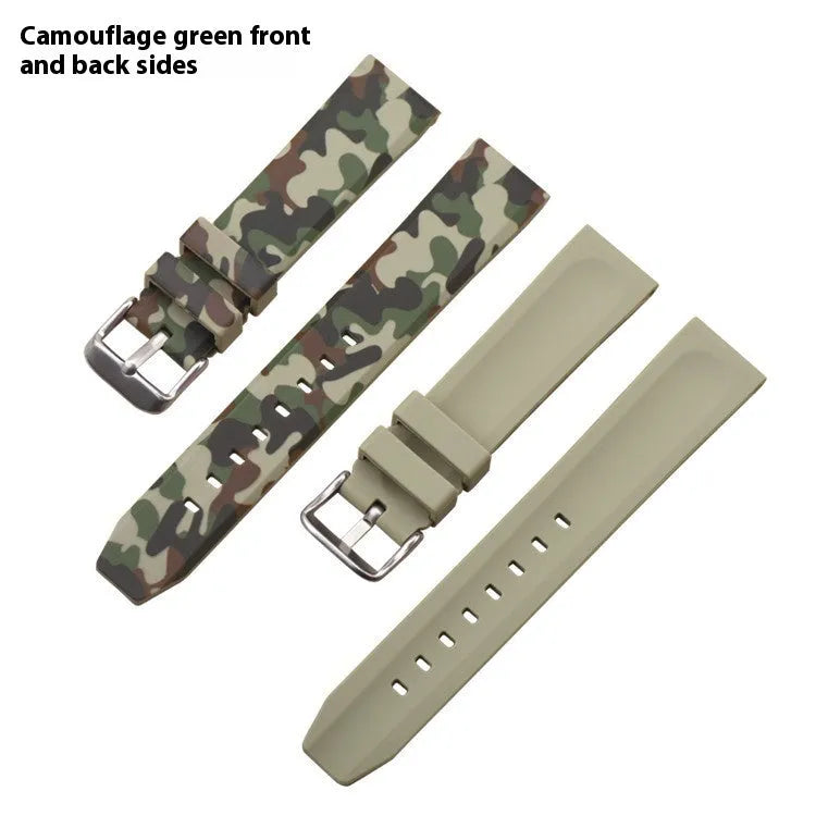 Green camouflage silicone watch strap showing 20mm width and buckle.