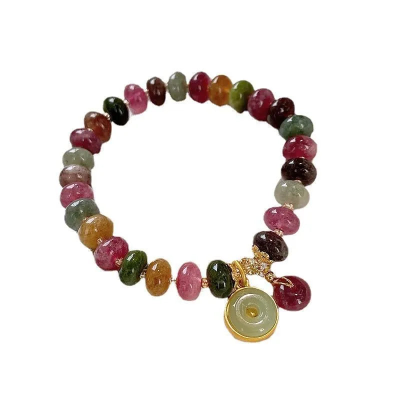 Handmade natural stone bracelet with colourful tourmaline rabbit pendant and geometric round beads