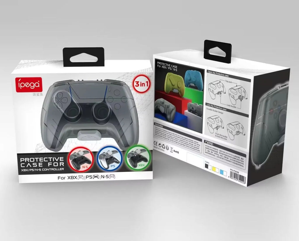 Transparent grey hard plastic game controller storage case showing inside space for controller