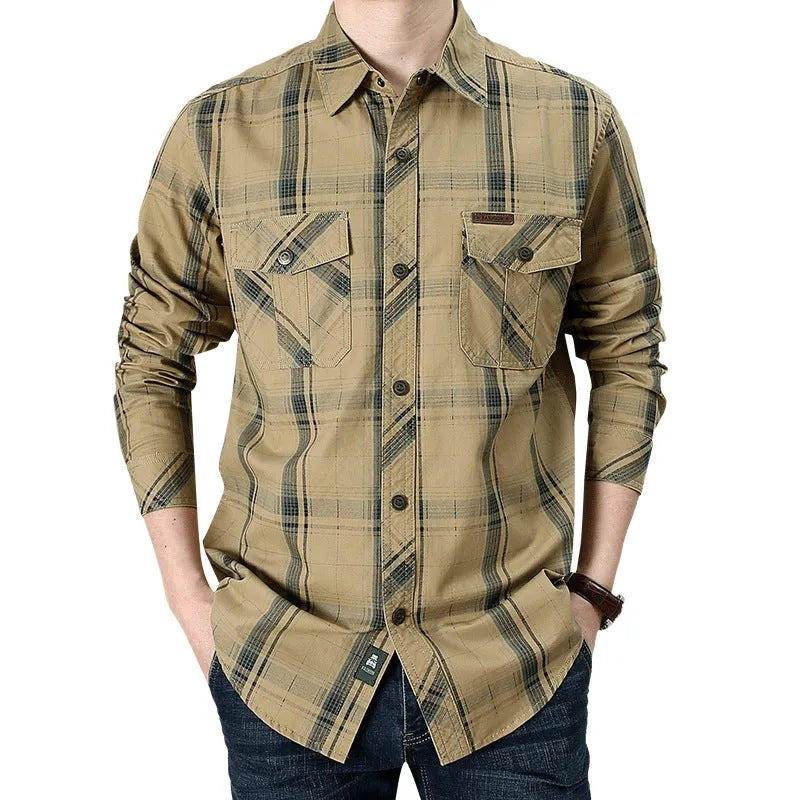 Men's plus size loose cargo cotton shirt in khaki, sapphire blue or army green, sizes M to 5XL, half sleeve.