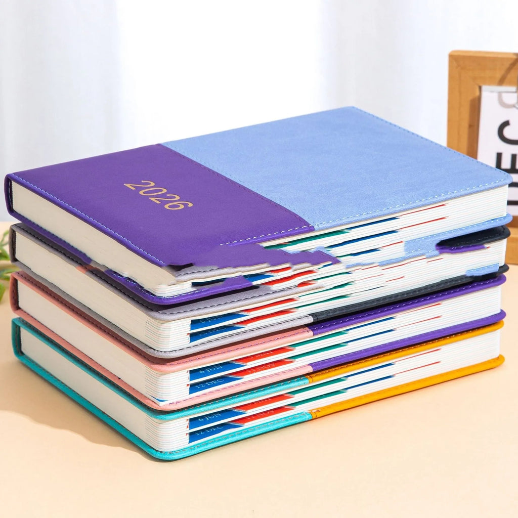 A5 English schedule book with waist seal, imitation leather cover, open to daily page