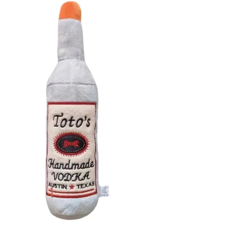 Brown plush wine bottle shaped dog toy with textured molar surface and squeaker