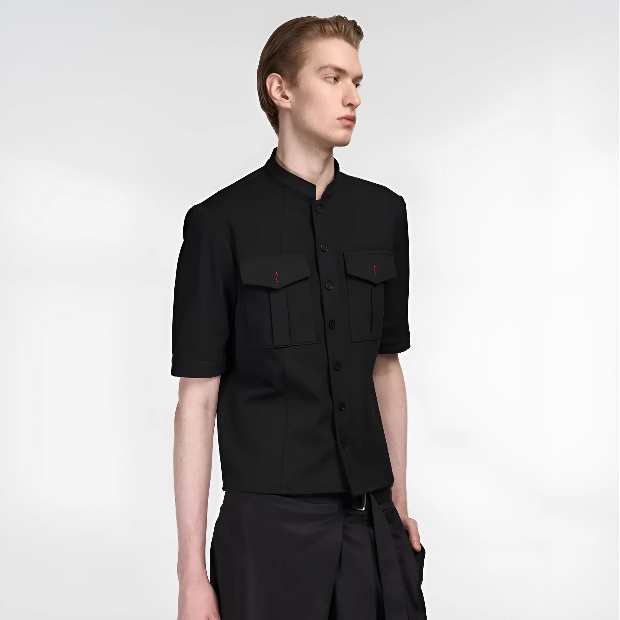 Handmade black loose fit half sleeve men's shirt with a shirt collar.