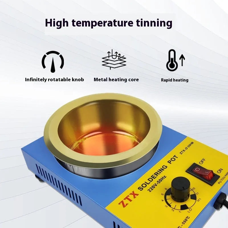 Desktop tin melting furnace with thermostat dial and titanium-plated pot on a workbench.