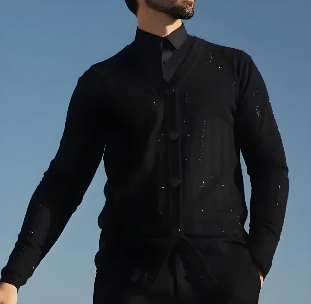 Men's black sequin cardigan open front party jacket with all-over sequin finish