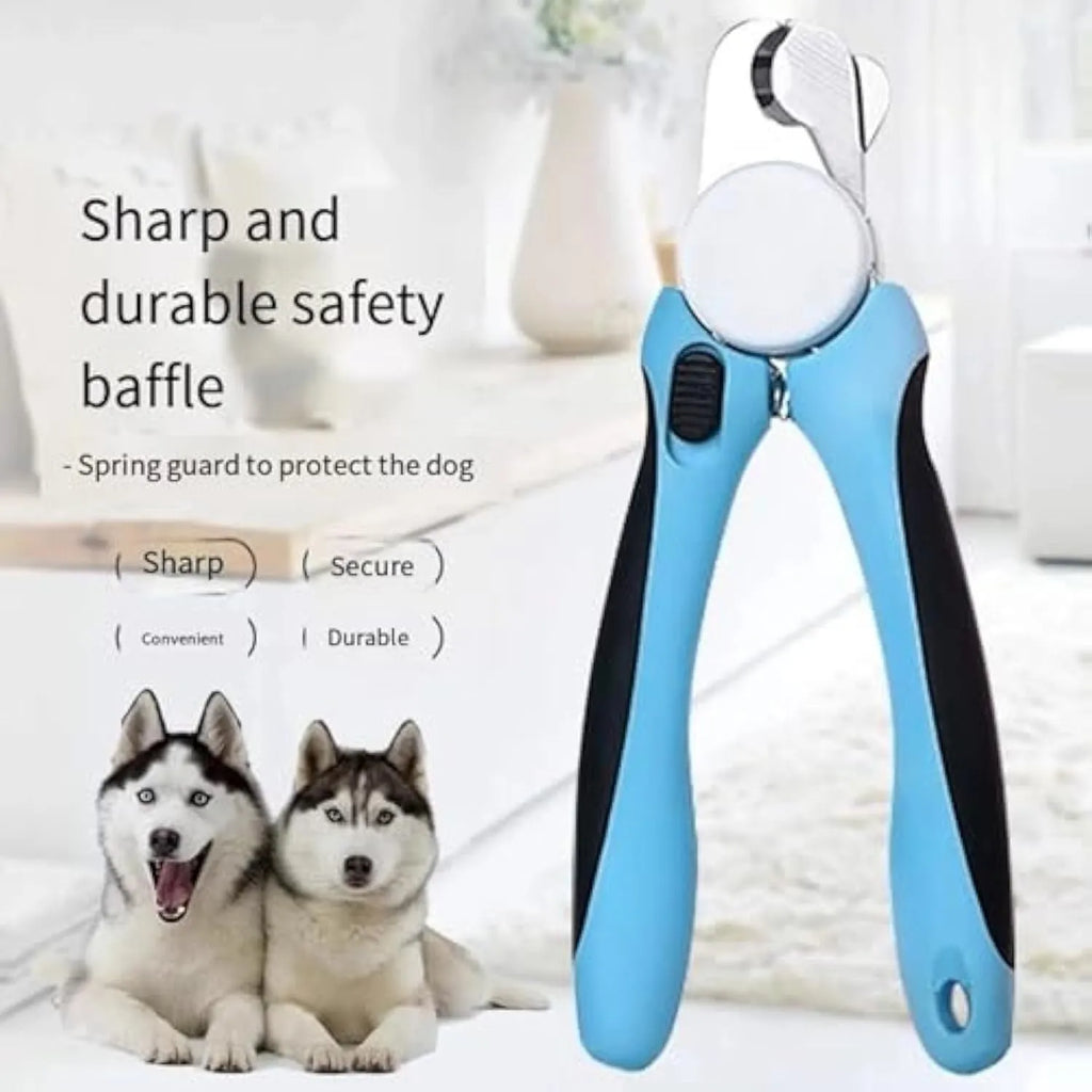 Blue heavy-duty metal dog nail clippers with safety guard for large breeds and thick nails.