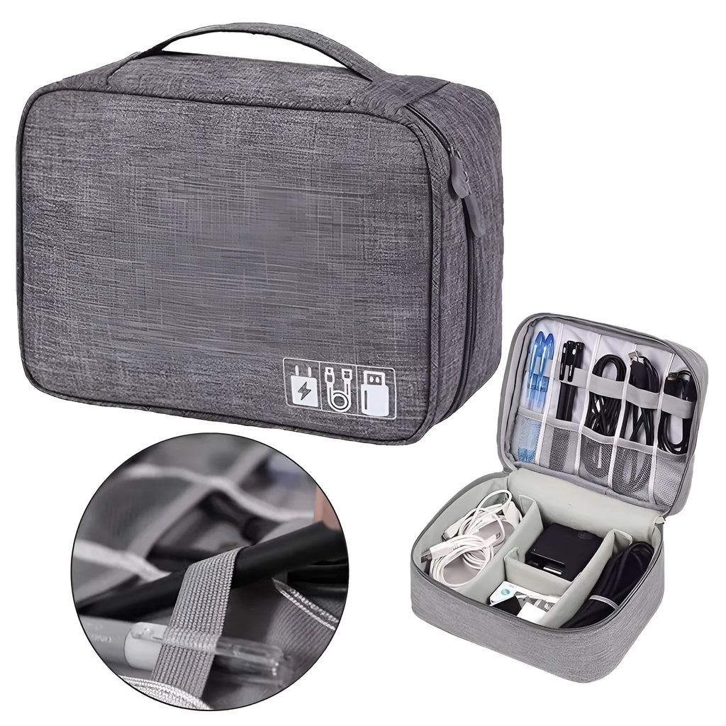 Black and grey waterproof travel cable organiser bag open, showing mesh pockets and removable padded dividers inside.