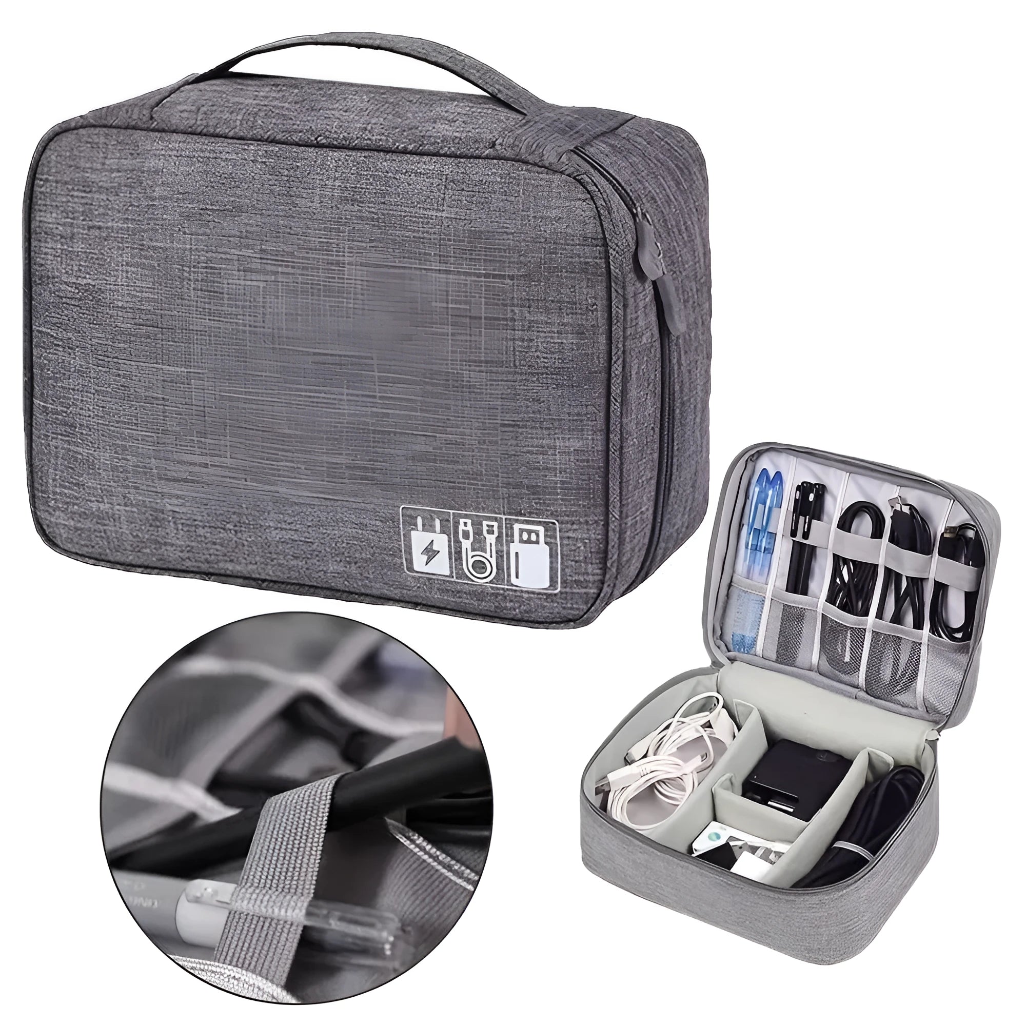 Black and grey waterproof travel cable organiser bag open, showing mesh pockets and removable padded dividers inside.