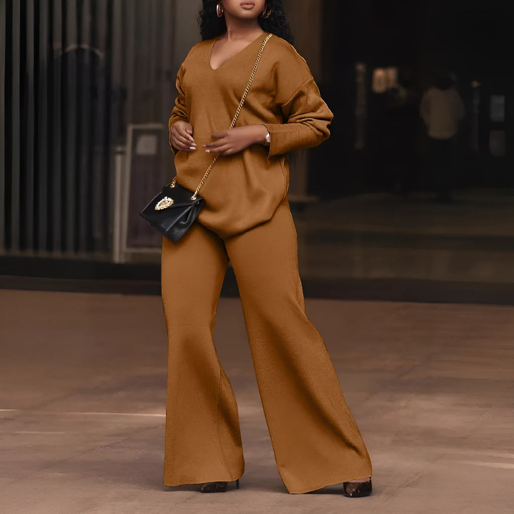 Women's brown suede velvet two-piece suit with split sleeve design and full-length trousers