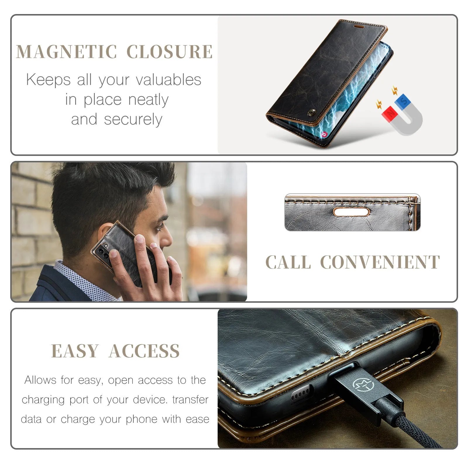 Samsung A55 black PC leather card flip phone case with magnetic closure and stand