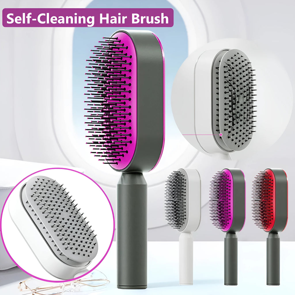 Self-cleaning hair brush with air cushion bristles in black gold, white, or purple colours