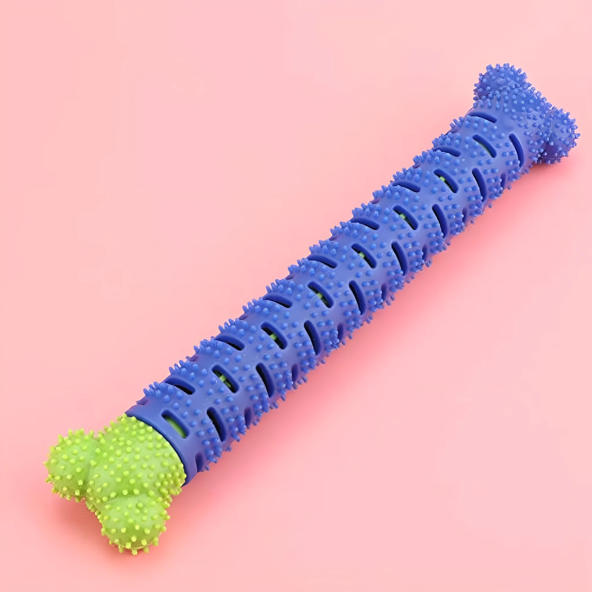 Blue-green molar-shaped dog dental chew toy with silicone bristles for teeth cleaning