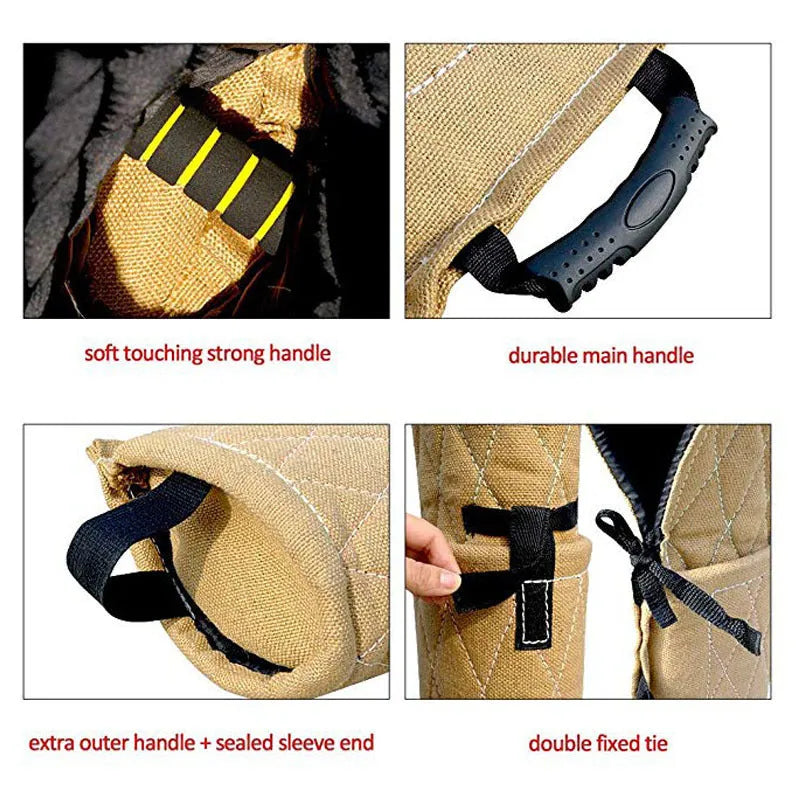 Jute dog bite training sleeve 65 x 28 cm with internal plastic handle, external foam handle, and black side hanging handle.