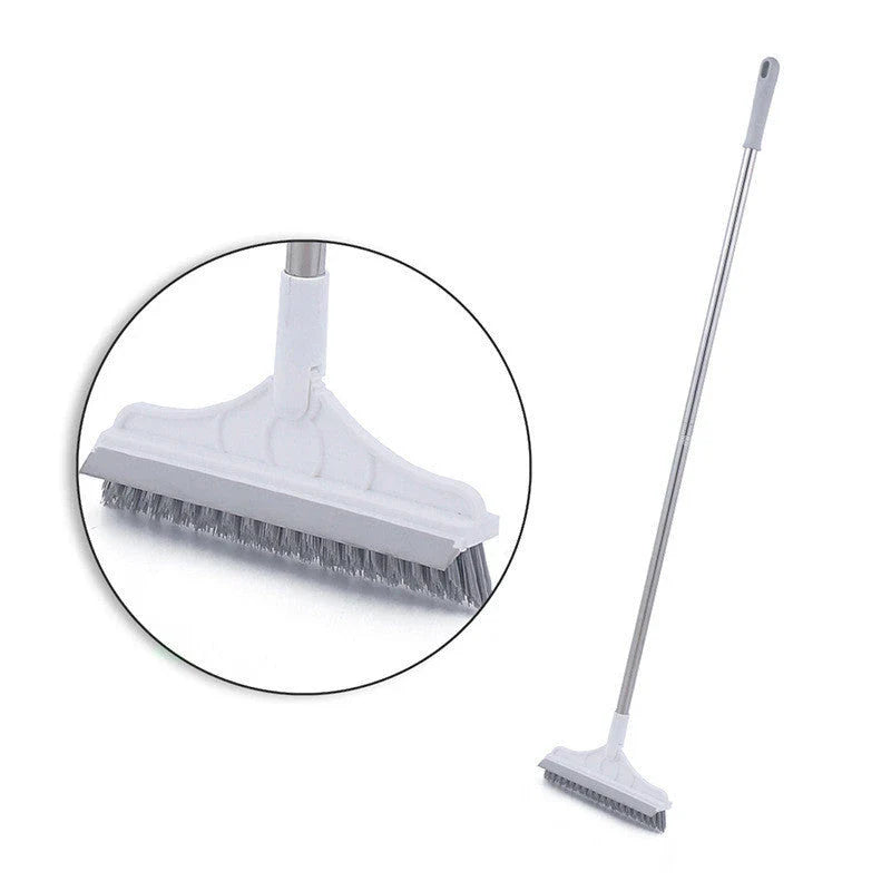 Versatile floor cleaning brush with triangular head, adjustable angles, and scraper function for efficient dirt, dust, and pet hair removal